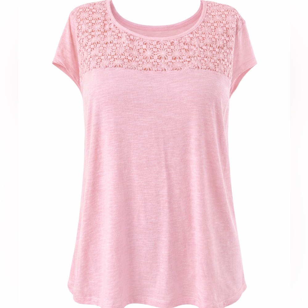 Pink Crochet Lace Yoke Top Hi Low Short Sleeve Blouse Medium - Picture 2 of 7